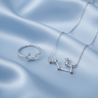 Silver Gemini Zodiac Necklace & Ring Bundle on a light gray background