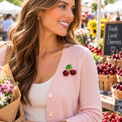 Woman wearing Glossy Red Cherry Pin, w/ pink sweater