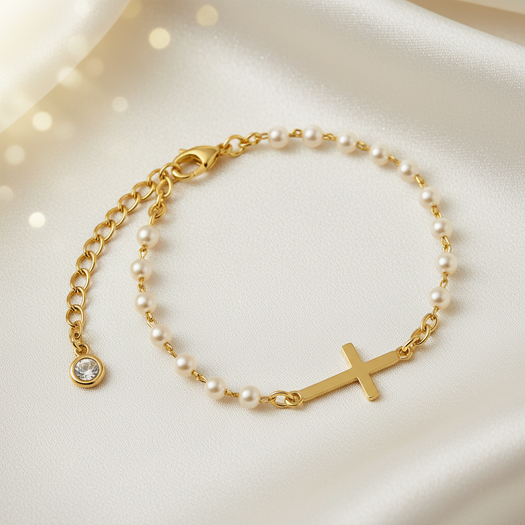 Gold Cross Pearl Bracelet / Anklet on a beige background