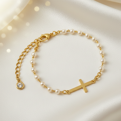 Gold Cross Pearl Bracelet / Anklet on a beige background