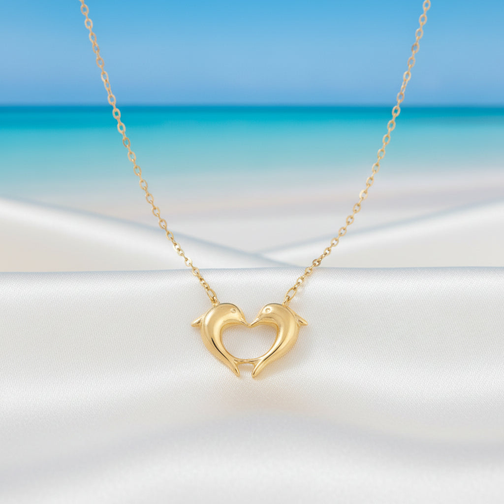 Gold heart necklace with a heart and dolphin design against a beach background