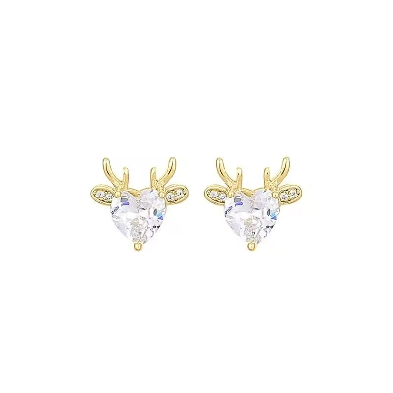 Gold Reindeer Zircon Heart Earrings