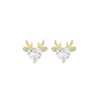 Gold Reindeer Zircon Heart Earrings