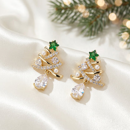 Gold Ribbon Christmas Tree Drop Earrings