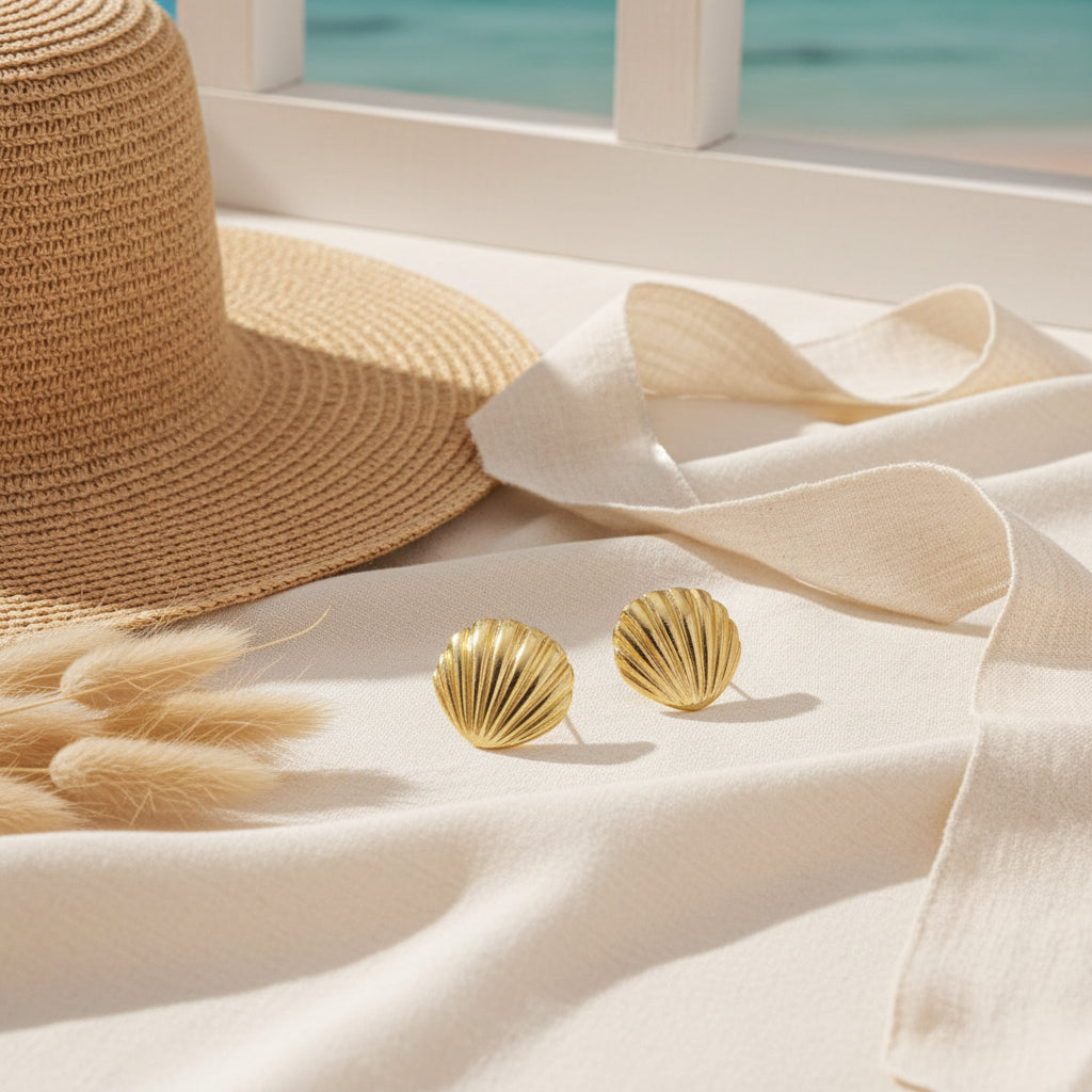 Gold Seashell Statement Earrings resort theme