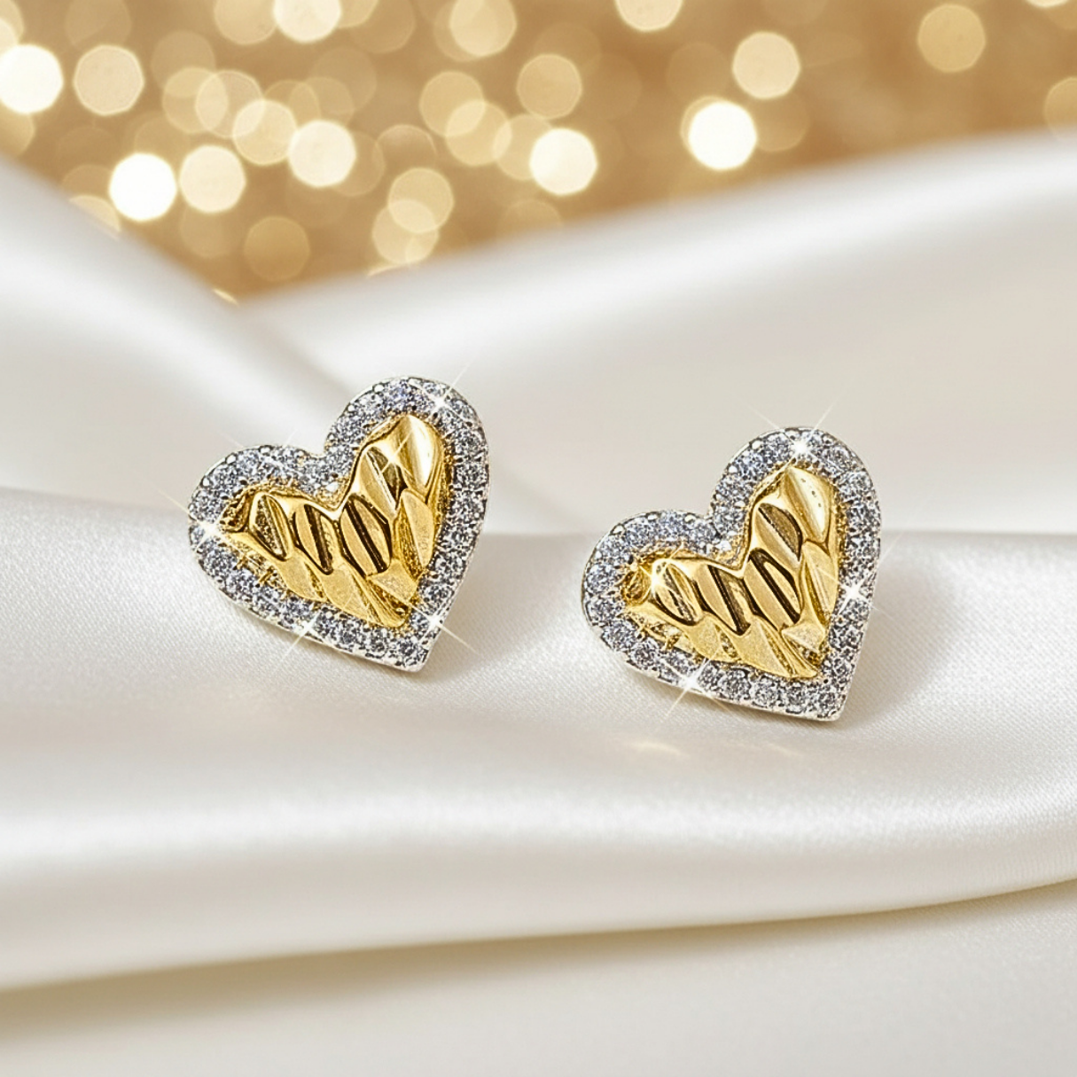 Gold Shimmer Heart Earrings with diamond accents on a white and gold background