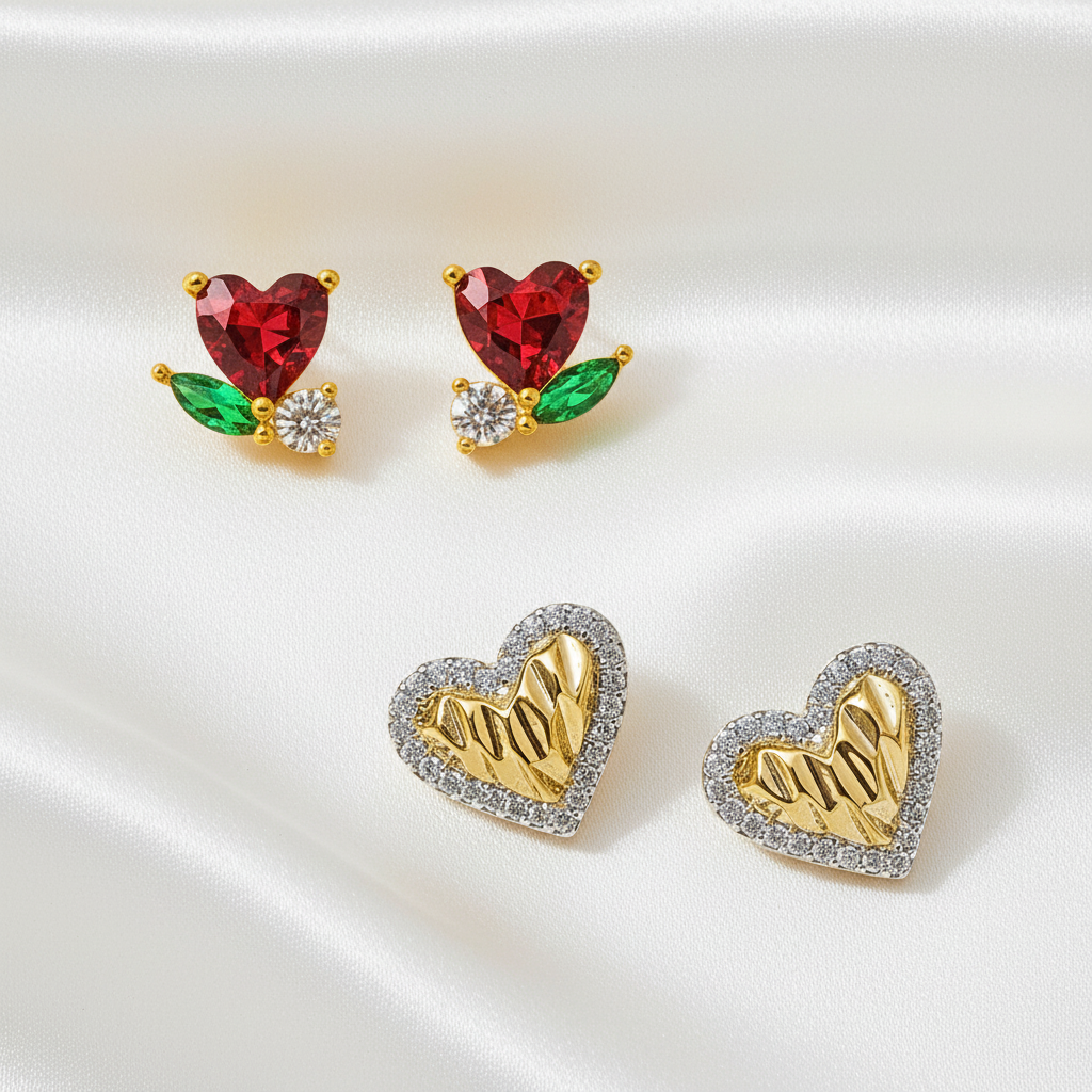 Mini Ruby Heart Blossom & Gold Shimmer Heart Earrings Bundle