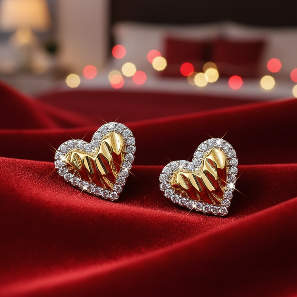 Gold Shimmer Heart Earrings with diamonds on a red fabric background