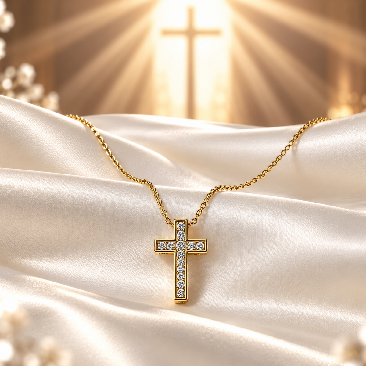 A Gold Zirconia Mini Cross Necklace adorned with small clear stones, resting on draped white satin fabric with a glowing, sunburst background.
