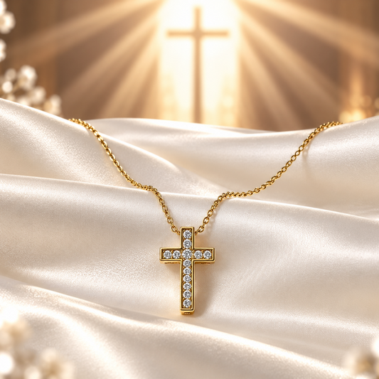 A Gold Zirconia Mini Cross Necklace adorned with small clear stones, resting on draped white satin fabric with a glowing, sunburst background.