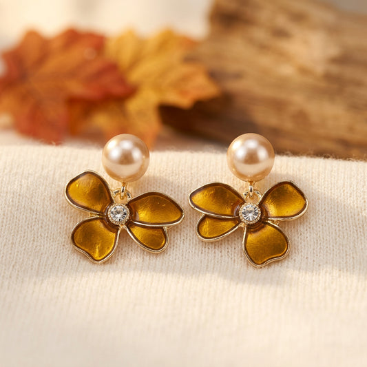 Golden Amber Pearl Flower Earrings