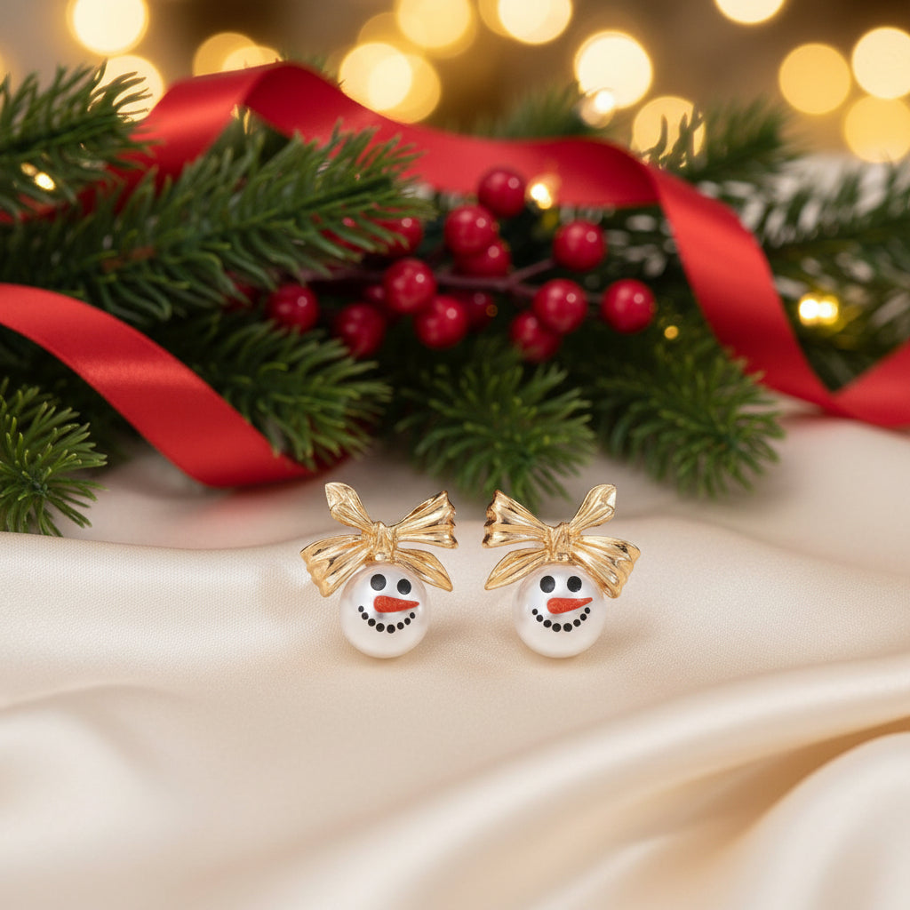 Golden Bow Snowman Earrings