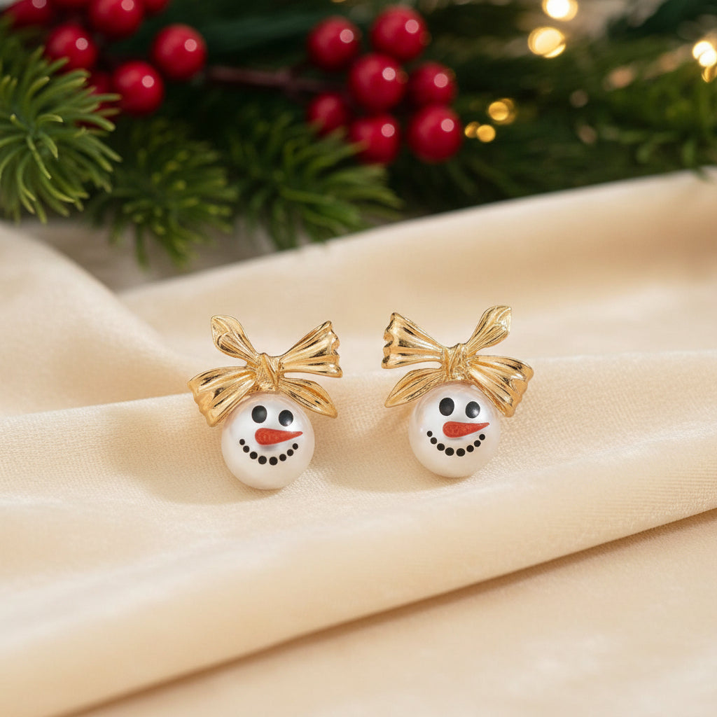 Golden Bow Snowman Earrings on white background