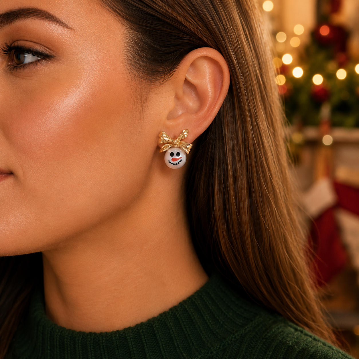 A close-up of a woman wearing a Golden Bow Snowman Earring in green