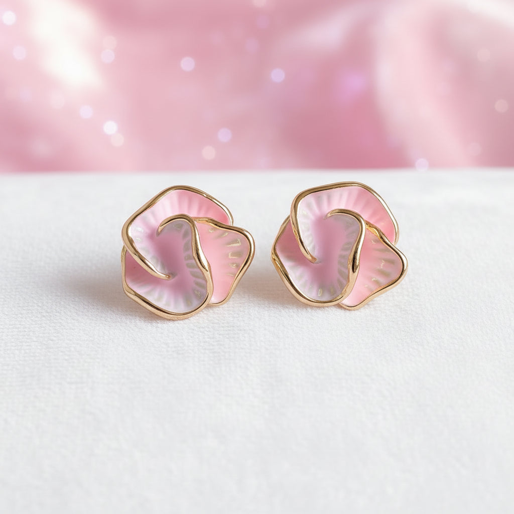 Golden Edge Pink Pearl Flower Earrings on pink