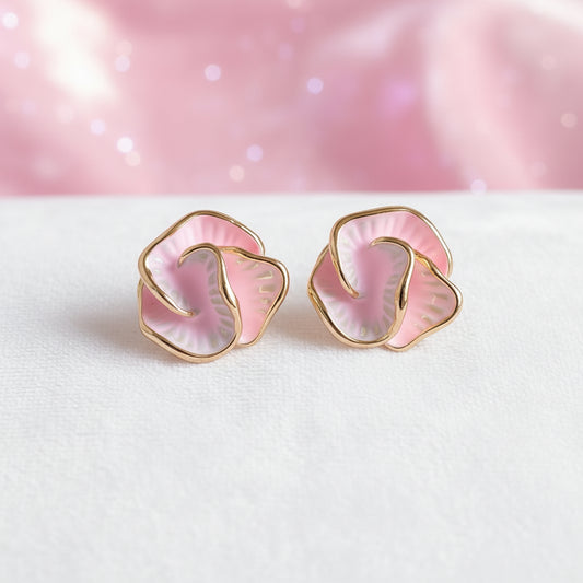 Golden Edge Pink Pearl Flower Earrings on pink