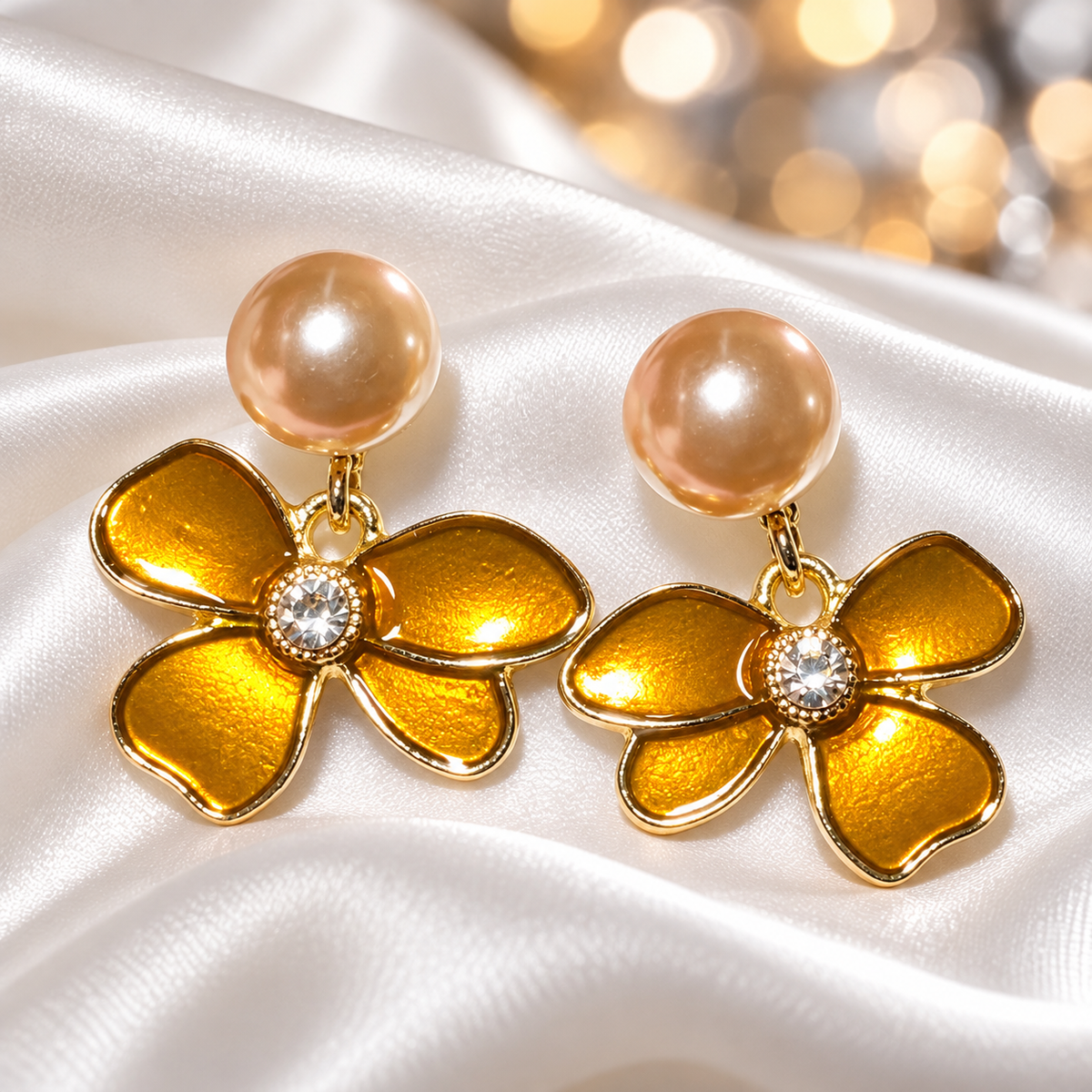 Golden Amber Pearl Flower Earrings closeup