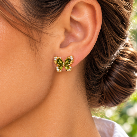 Woman wearing Golden Green Crystal Butterfly Earrings