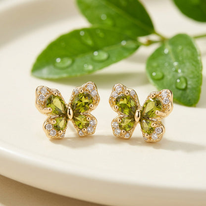 Golden Green Crystal Butterfly Earrings with big green leaves