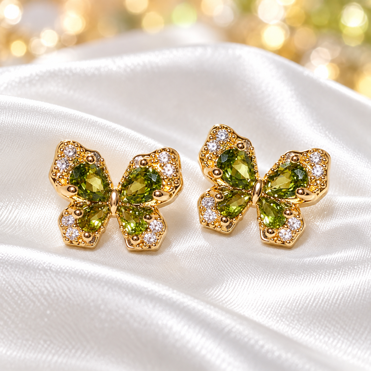 Golden Green Crystal Butterfly Earrings on white satin