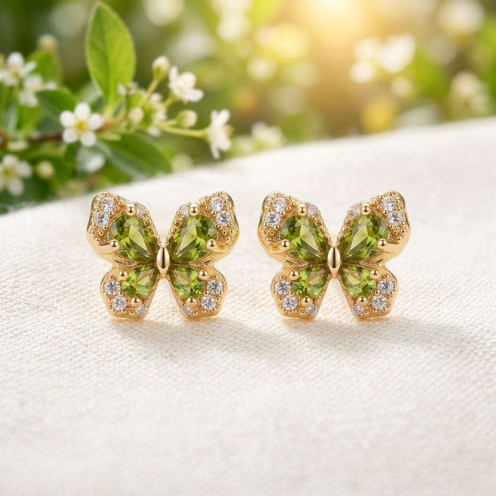Golden Green Crystal Butterfly Earrings with green leaves