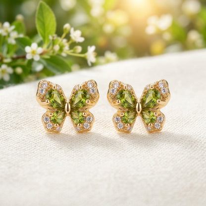 Golden Green Crystal Butterfly Earrings with green leaves