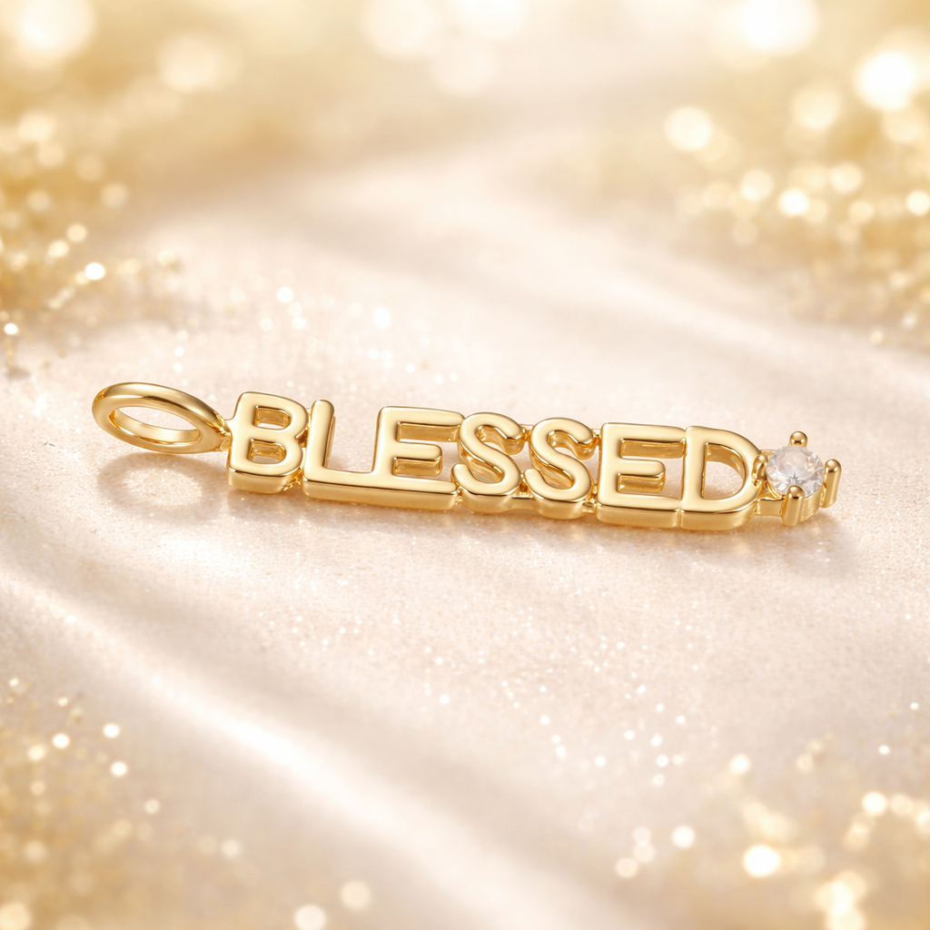Heavenly Blessed Charm with a diamond on a gold background