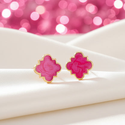 Hot Pink Clover Earringswith gold accents on a beige background with measurements.