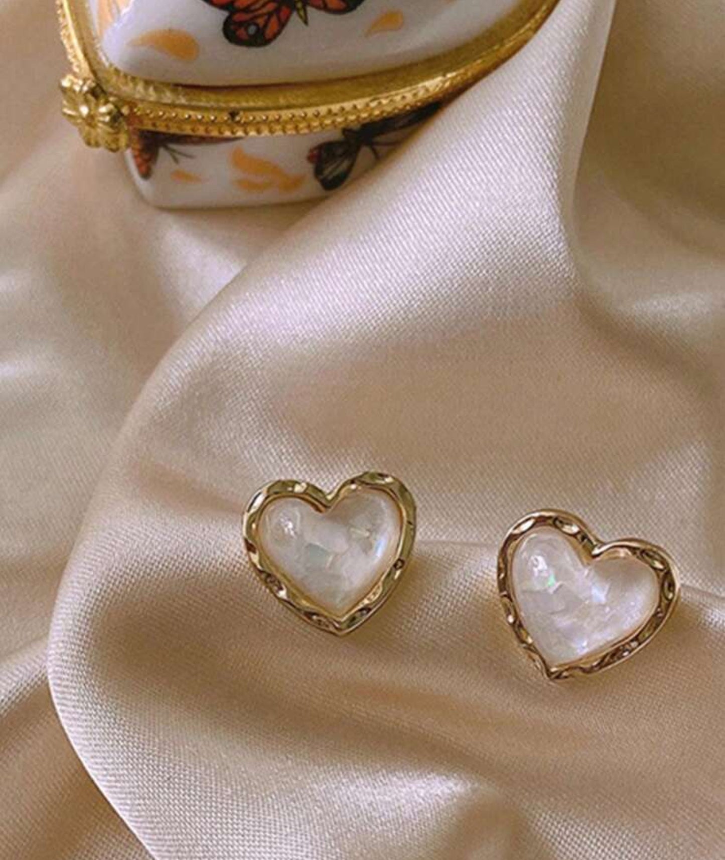 White Opalescent Heart Earrings