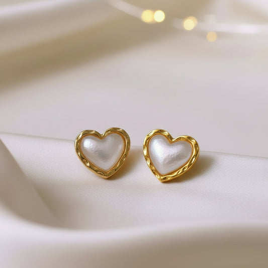 Gold & White Opalescent Heart Earrings