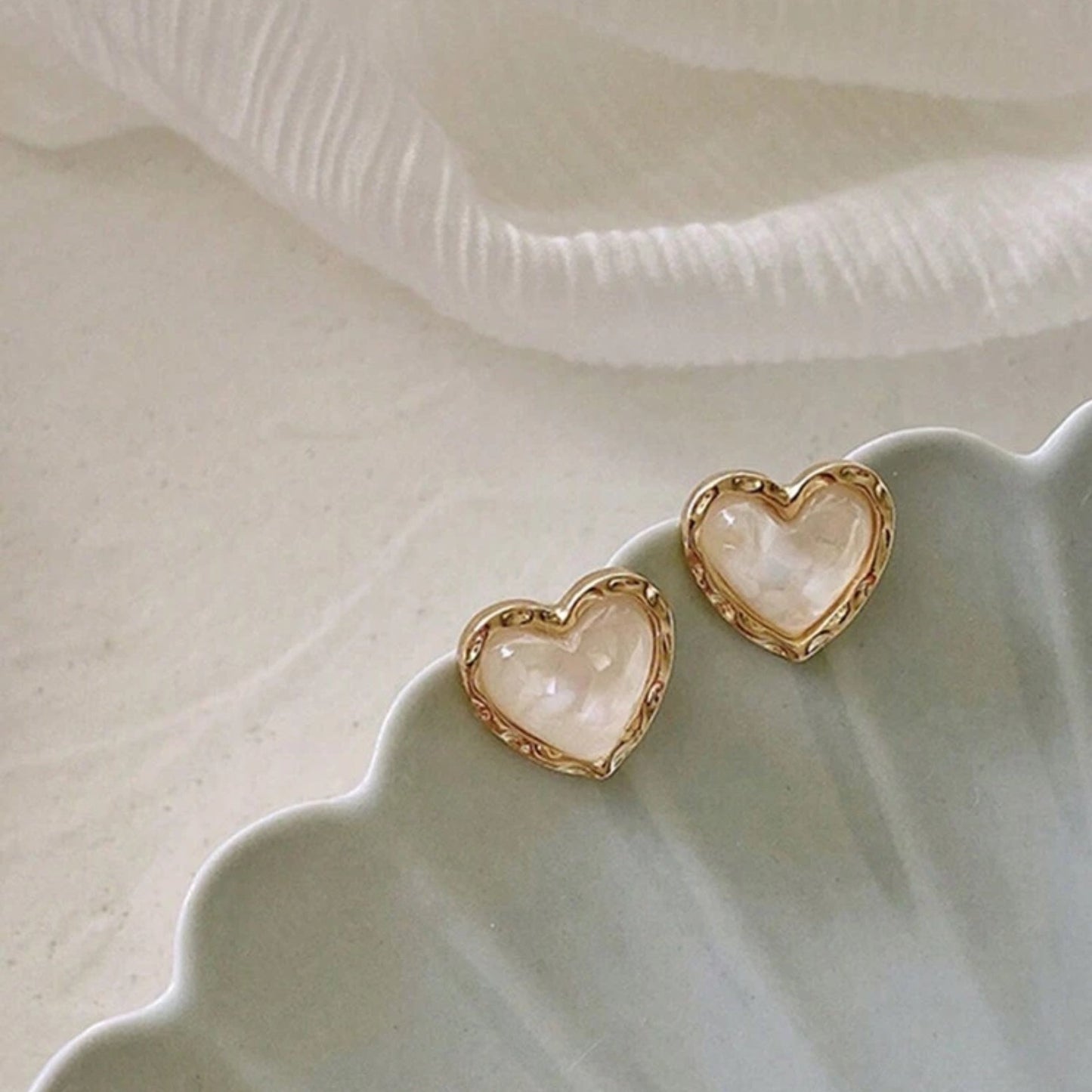 Gold & White Opalescent Heart Earrings