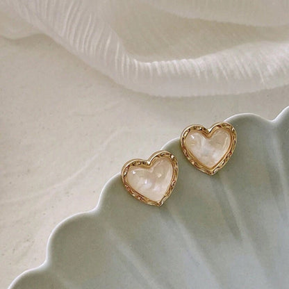 Gold & White Opalescent Heart Earrings