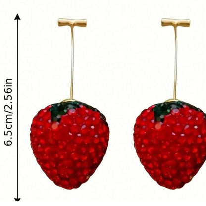 Red strawberry-shaped earrings with gold hooks on a white background, showing dimensions.