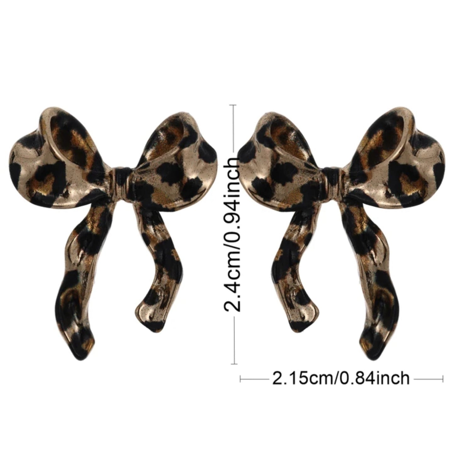 Leopard print bow-shaped earrings with measurements on a white background