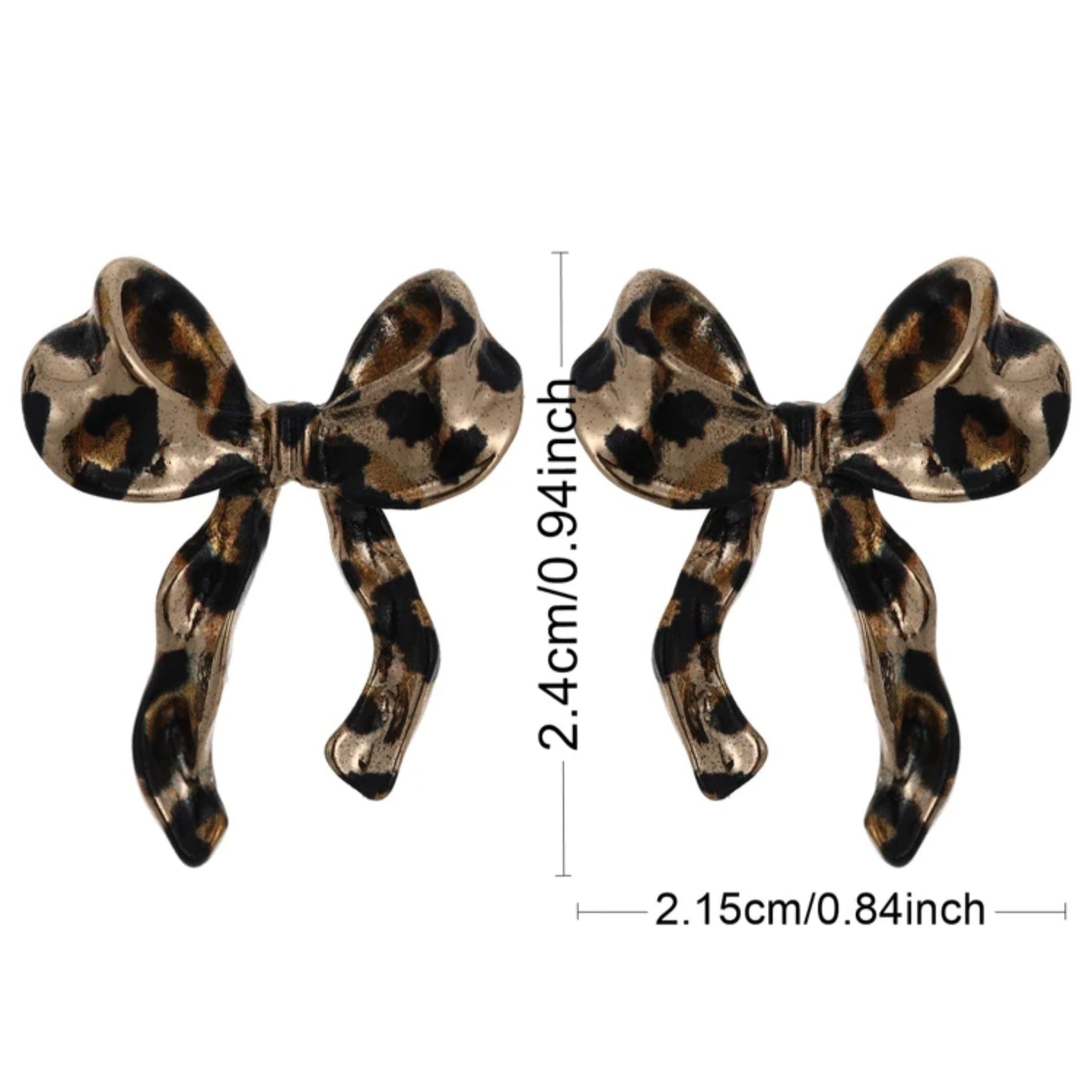 Leopard print bow-shaped earrings with measurements on a white background