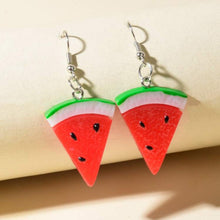 Load image into Gallery viewer, Watermelon slice earrings on a beige background