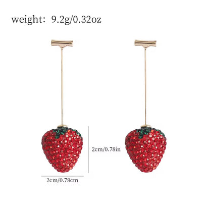Strawberry-shaped earrings with gold hooks, weight, and dimensions displayed.