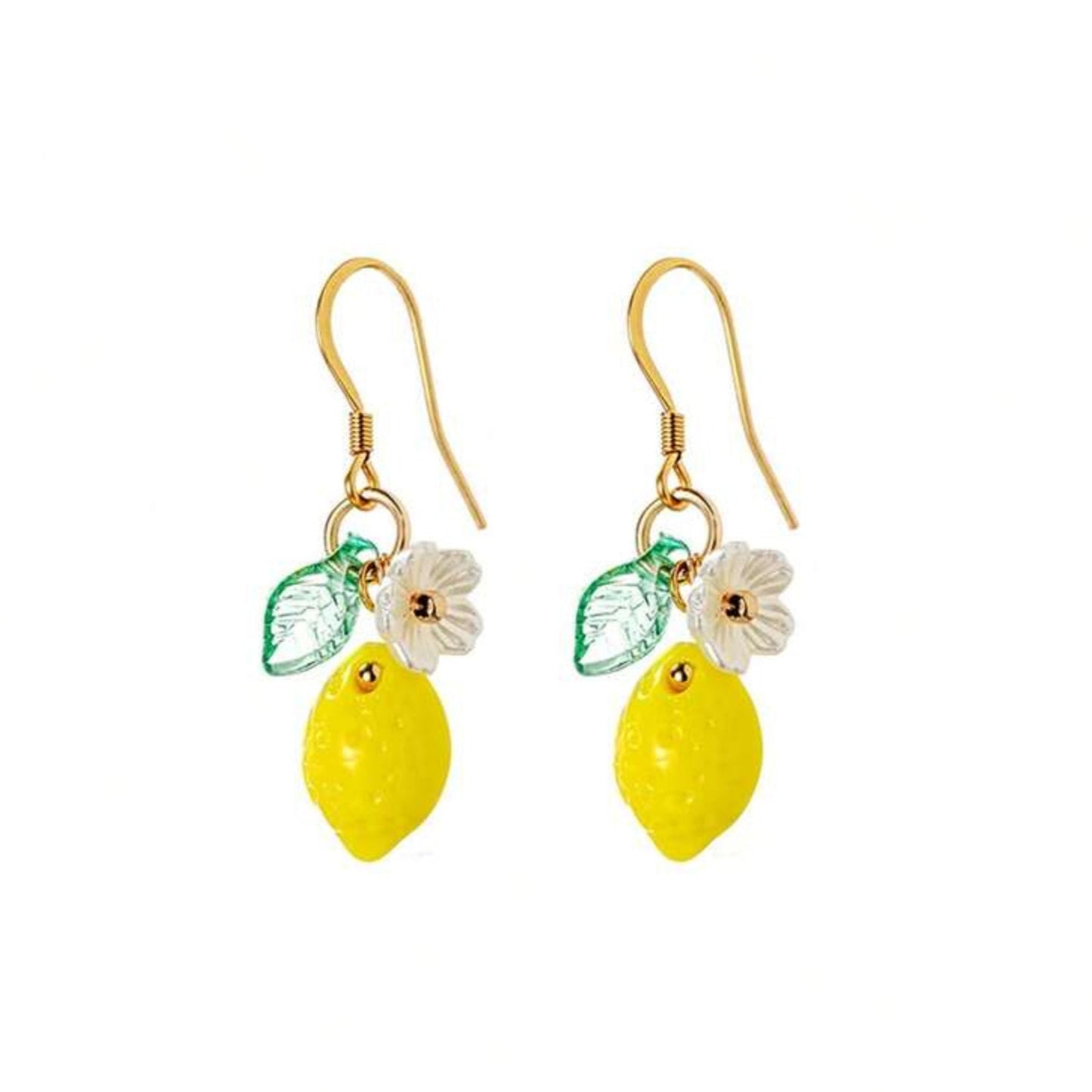 Pair of lemon-shaped earrings with gold hooks on a white background