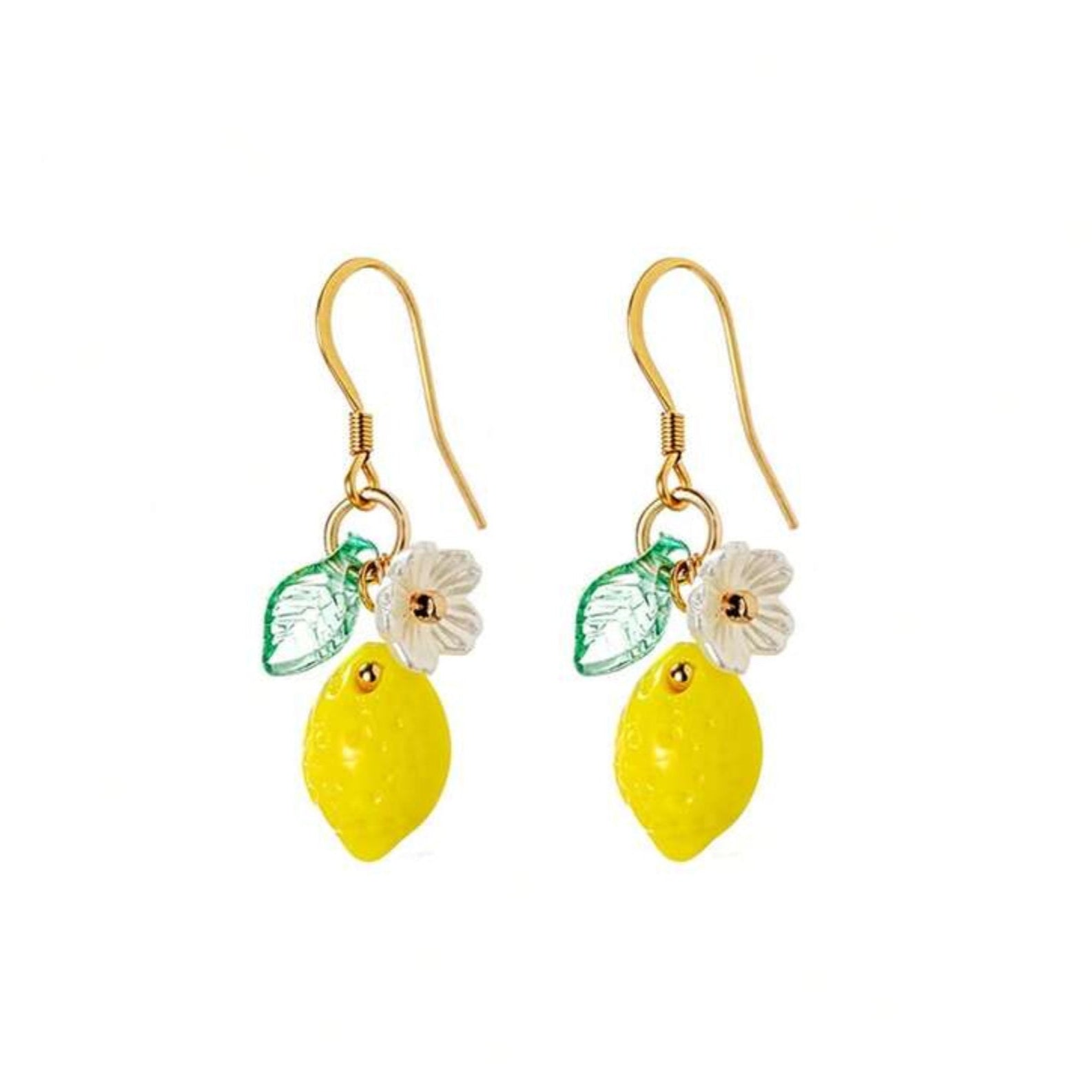 Pair of lemon-shaped earrings with gold hooks on a white background
