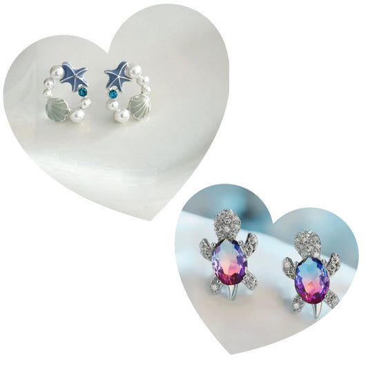 Starfish Seashell Pearl & Multicolor Turtle Earrings Bundle