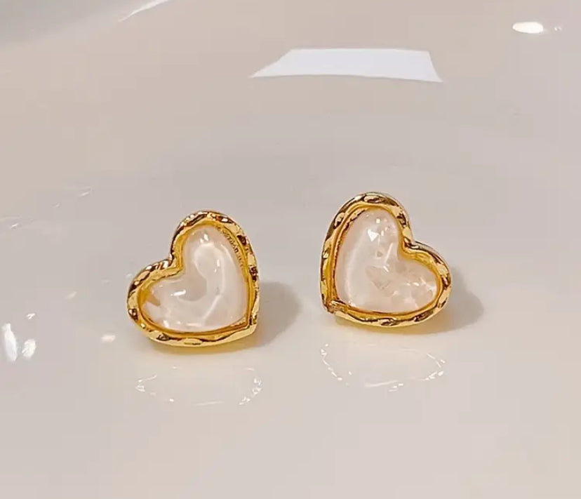 White Opalescent Heart Earrings