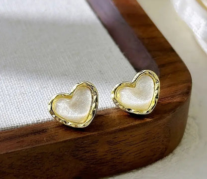 White Opalescent Heart Earrings
