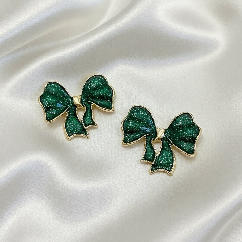 Emerald Glitter Bow Earrings