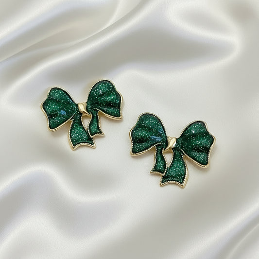 Emerald Glitter Bow Earrings