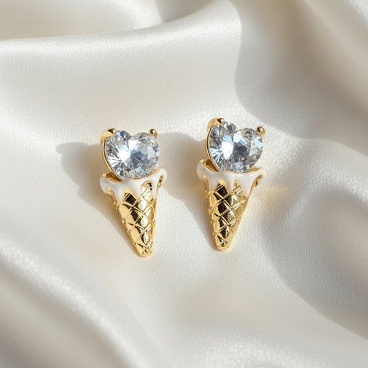 Crystal Heart Ice Cream Cone Earrings with gemstones on a white satin background