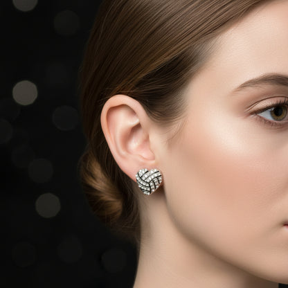 Silver & Black Rhinestone Heart Stud Earrings with rhinestone details on a white card.