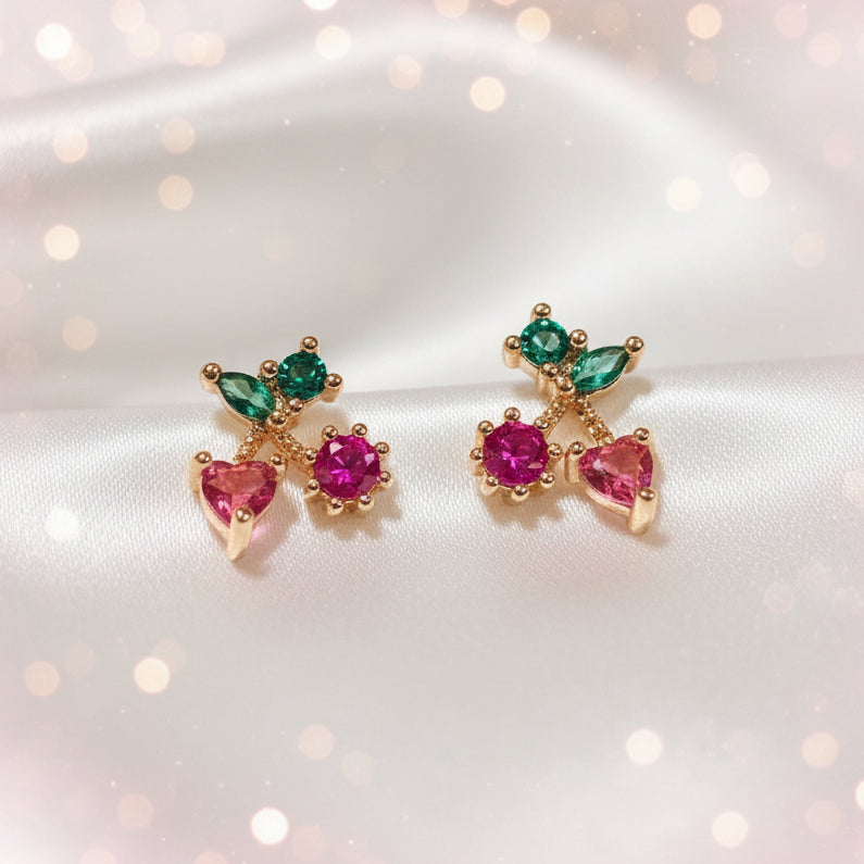 Petite Pink Cherry Heart Earrings with gemstones on a soft white background