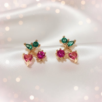 Petite Pink Cherry Heart Earrings with gemstones on a soft white background