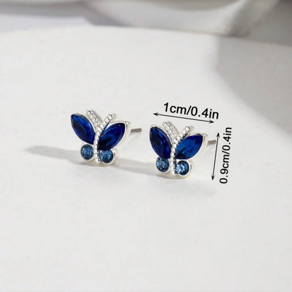 Midnight Blue Butterfly Stud Earrings on a white background, showing measurements.