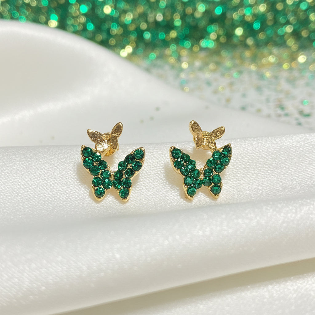 Gold & Green Pavé Butterfly Earrings